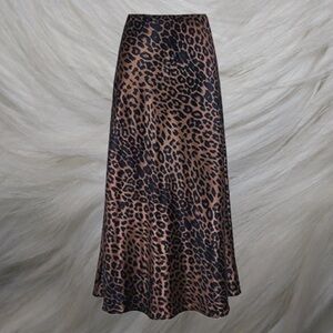 Brown and Black Long Satiny Leopard Print Women's Midi Skirt
